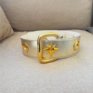 Vintage Escada Champagne Metallic Gold Star Charm Leather Waist Belt Size 40